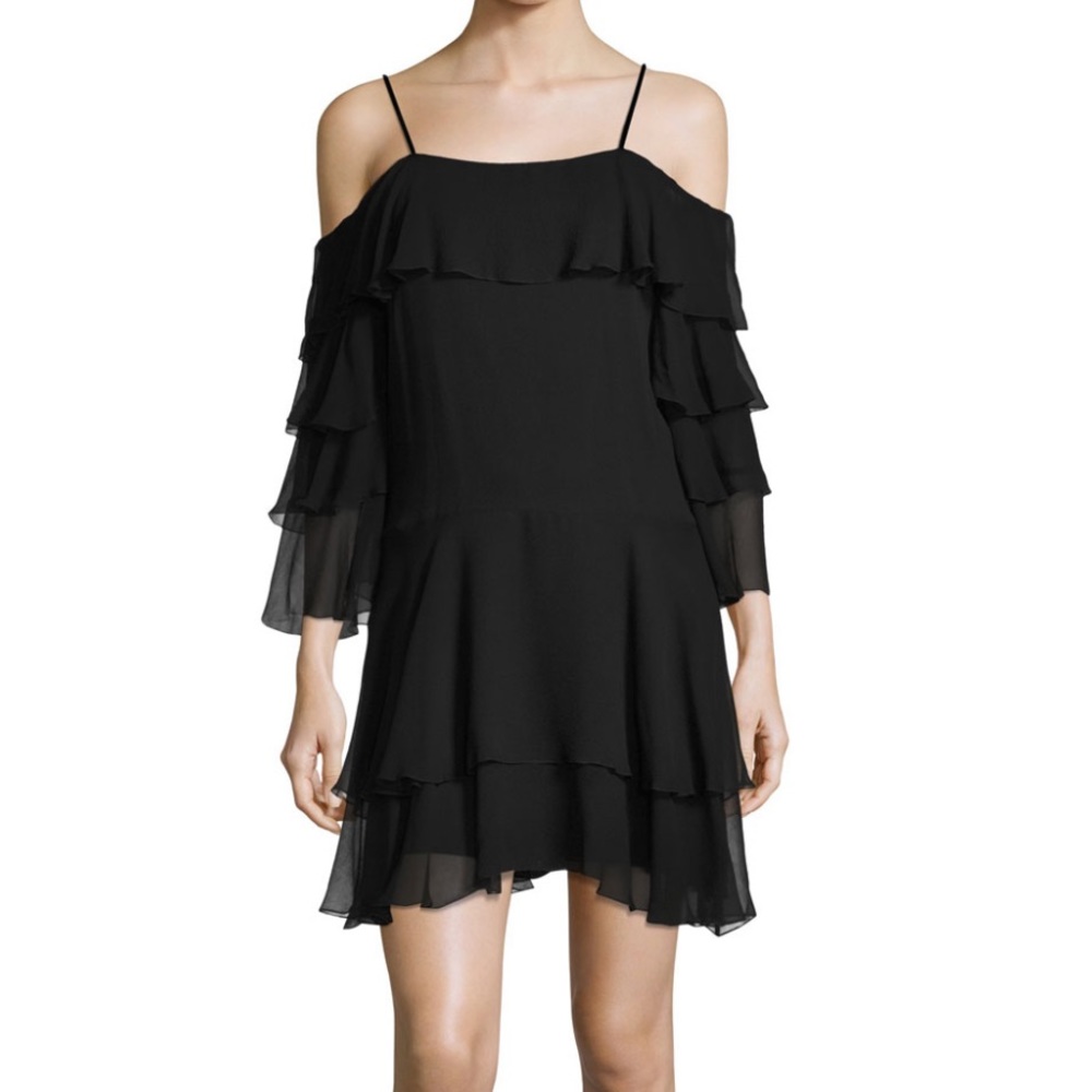 Alice + Olivia cold shoulder lexis black ruffle dress